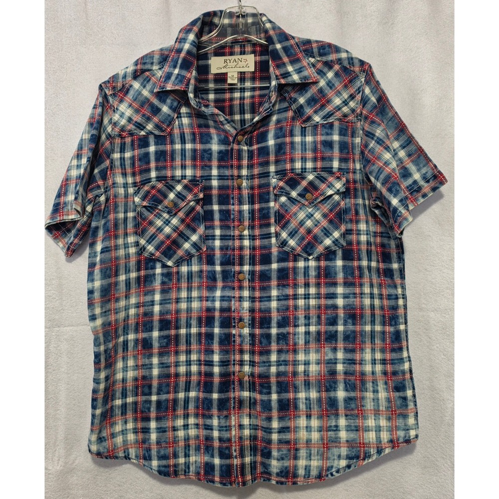 Ryan Michael Mens Indigo Acid Wash Plaid Western Short Sleeve Snap Shirt M